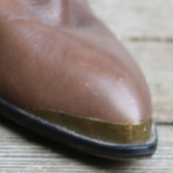 B Markowsky Mocha Brown Curved Stud Edge Pointed Brass Trim Toe Ankle Booties - Picture 8 of 9